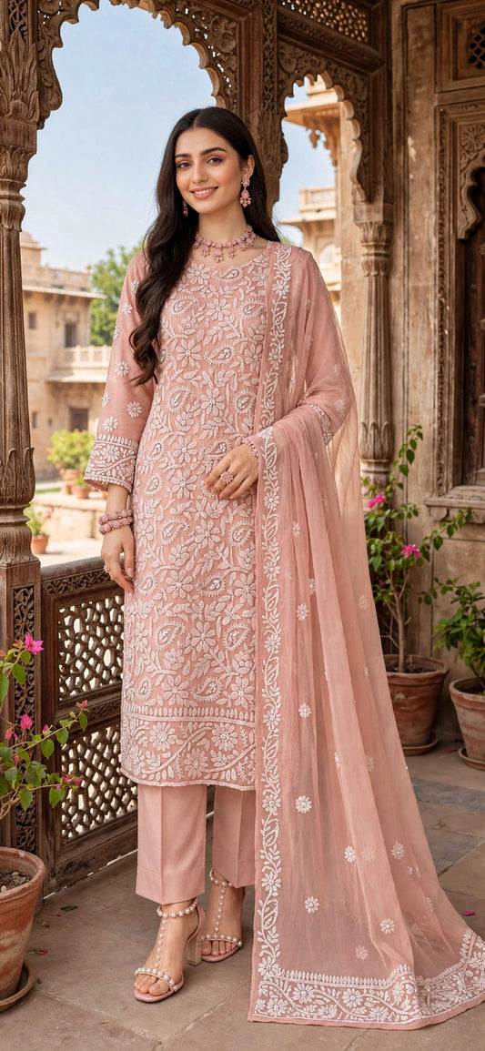 Peach - Motiya - Hand Embroidered - 3 Piece - Unstitched - Chiffon Suit