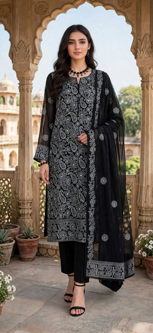 Black - Motiya - Hand Embroidered - 3 Piece - Unstitched - Chiffon Suit