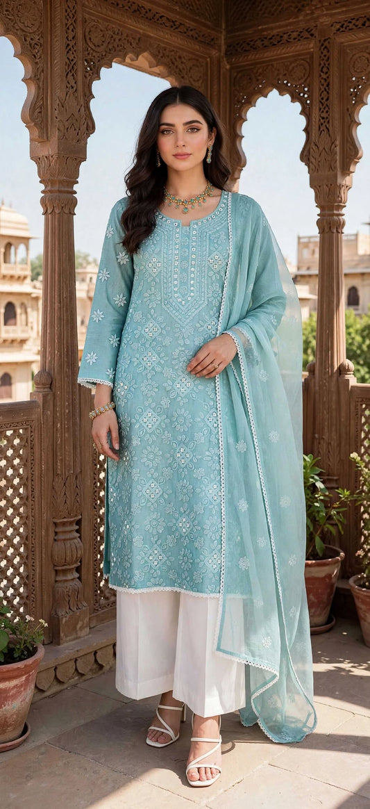 Aqua Blue - Gul e Aina - Hand Embroidered - 2 Piece - Unstitched - Paper Cotton Suit