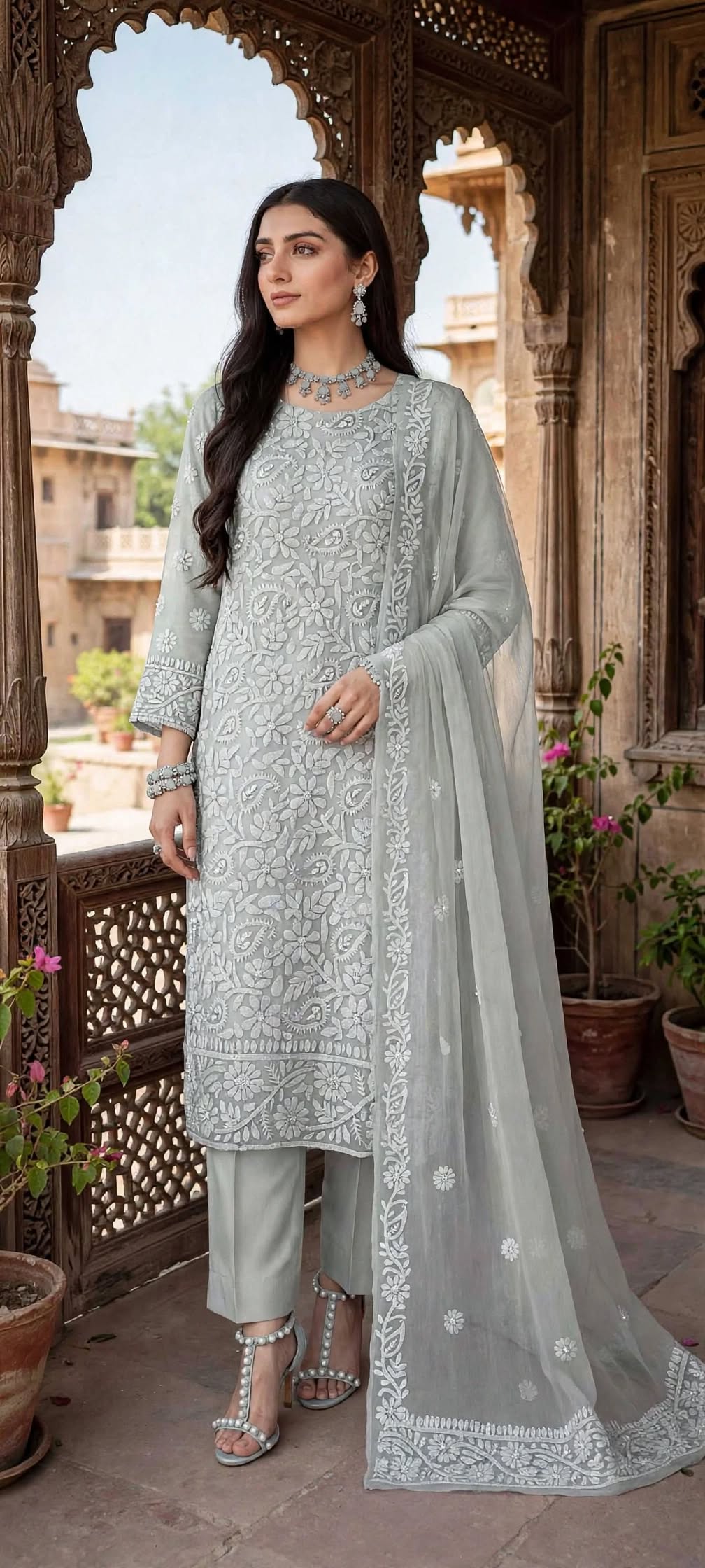 Mint Cream - Motiya - Hand Embroidered - 3 Piece - Unstitched - Chiffon Suit