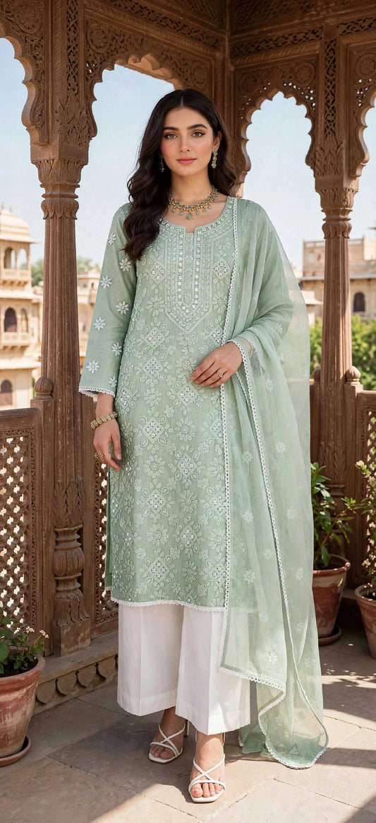 Pista Green - Gul e Aina - Hand Embroidered - 2 Piece - Unstitched - Paper Cotton Suit