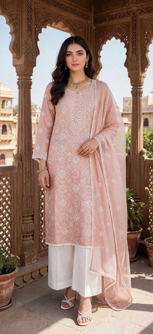 Peach Pink - Gul e Aina - Hand Embroidered - 2 Piece - Unstitched - Paper Cotton Suit