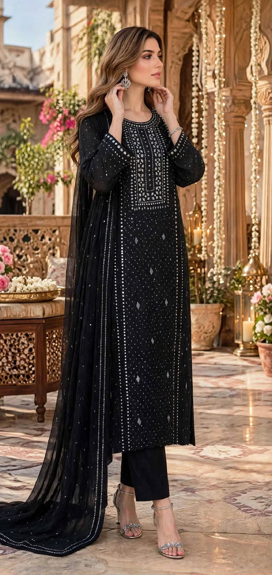 Black - Kamdani Makesh Work - Soft Chiffon - 2-Piece Unstitched Suit