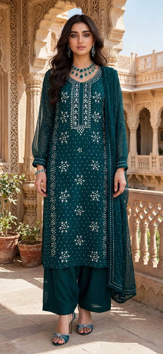 Emerald Green - Kamdani Makesh Work - Soft Chiffon - Unstitched Suit