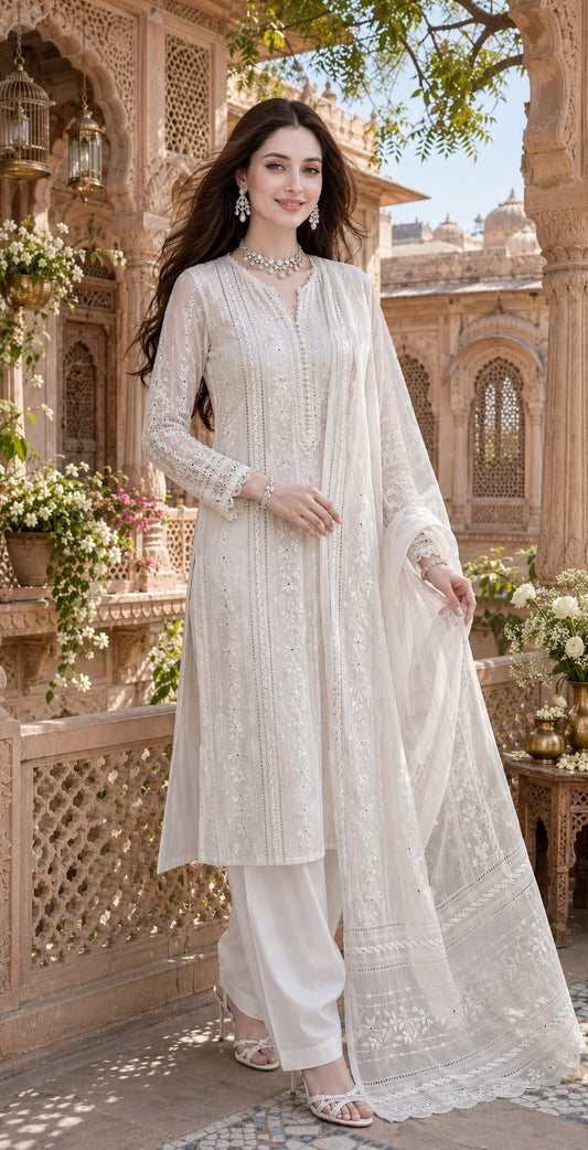 White  - Tarkashi Gulistan - Embroidered Chiffon Suit