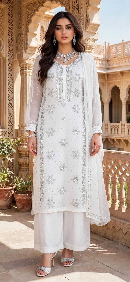 Off White - Kamdani Makesh Work - Soft Chiffon - Unstitched Suit