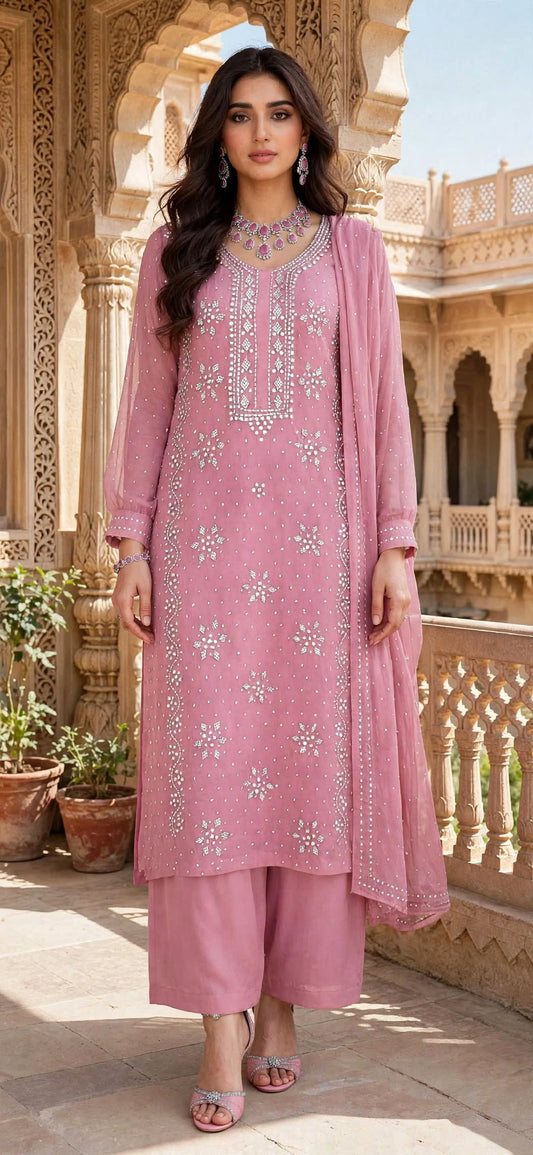 Dusty Pink - Kamdani Makesh Work - Soft Chiffon - Unstitched Suit