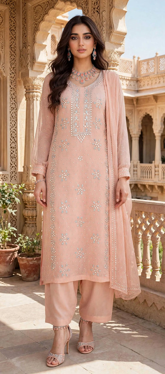 Pink - Kamdani Makesh Work - Soft Chiffon - Unstitched Suit