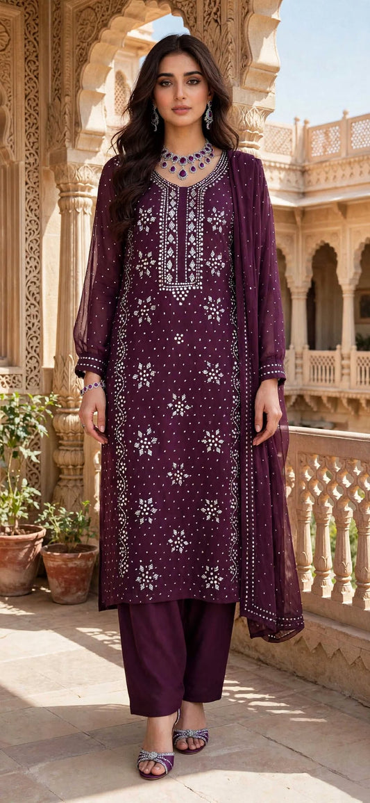 Plum Purple - Kamdani Makesh Work - Soft Chiffon - Unstitched Suit