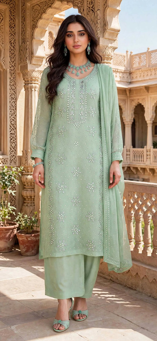 Sage Green - Kamdani Makesh Work - Soft Chiffon - Unstitched Suit