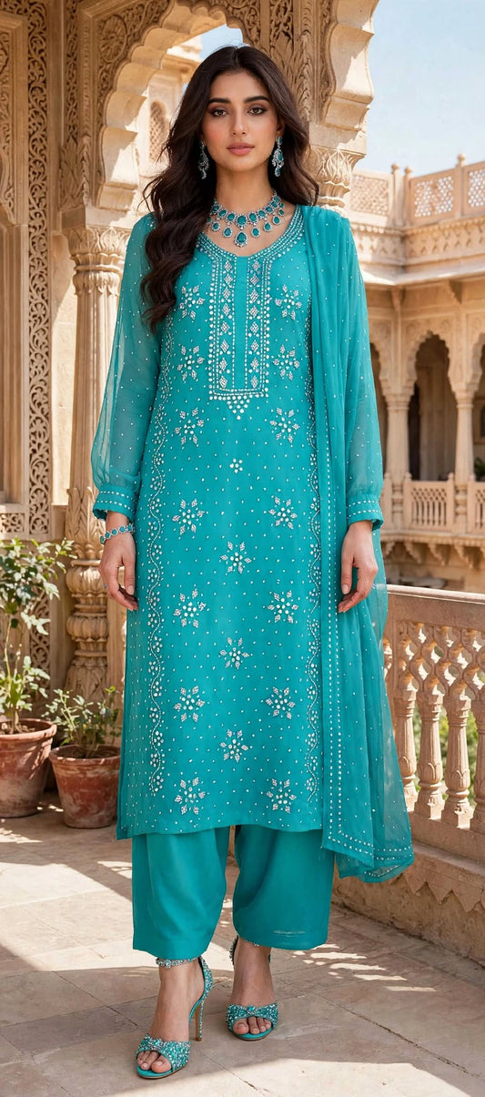 Aqua Turquoise - Kamdani Makesh Work - Soft Chiffon - Unstitched Suit