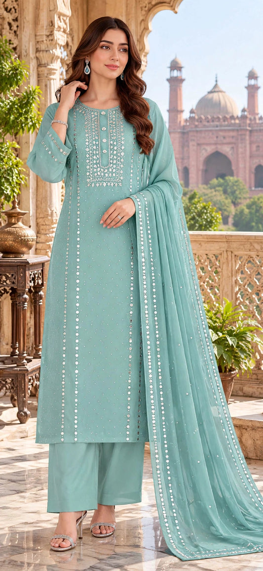 Dusty Teal Blue - Kamdani Makesh Work - Soft Chiffon - 2-Piece Unstitched Suit