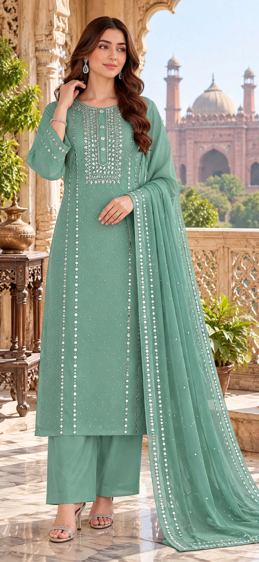 Sage Green - Kamdani Makesh Work - Soft Chiffon - 2-Piece Unstitched Suit