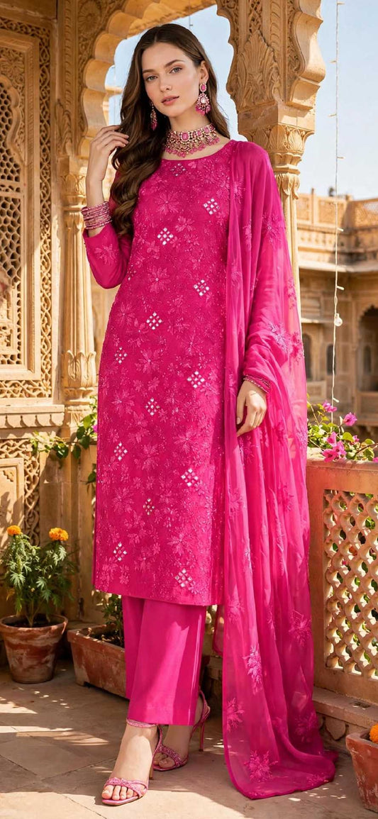 Pink - Sheesh Bagh - Embroidered 3-Piece Unstitched Chiffon Suit