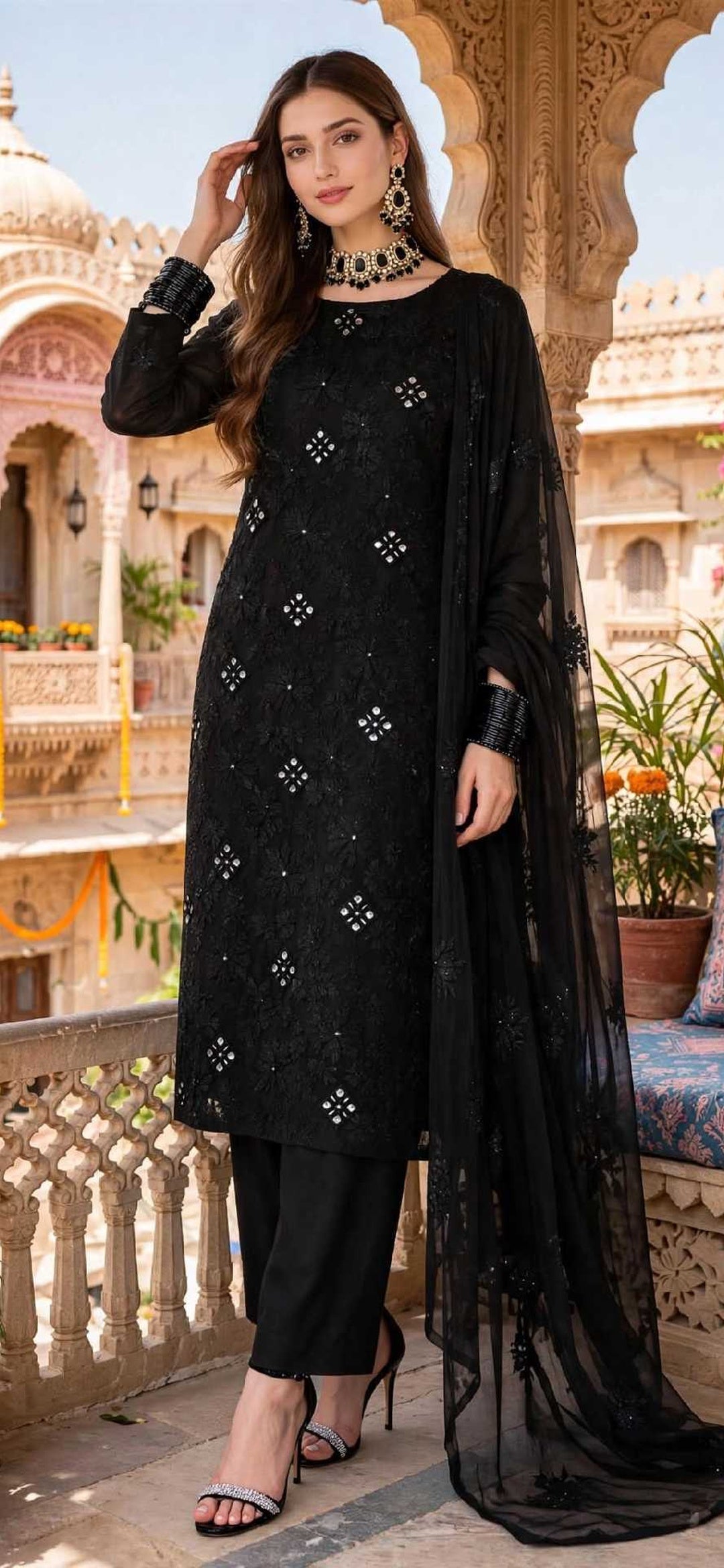 Black  - Sheesh Bagh - Embroidered 3-Piece Unstitched Chiffon Suit