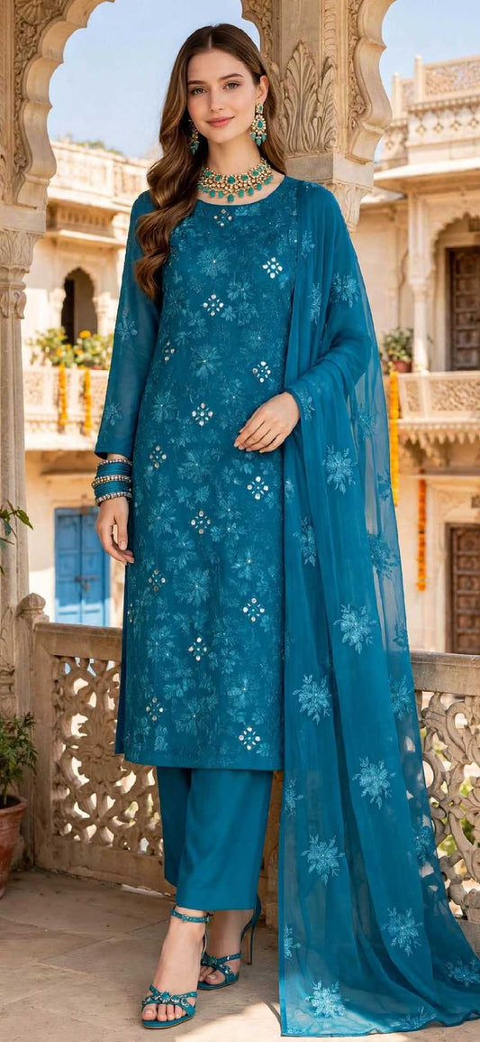 Teal - Sheesh Bagh - Embroidered 3-Piece Unstitched Chiffon Suit