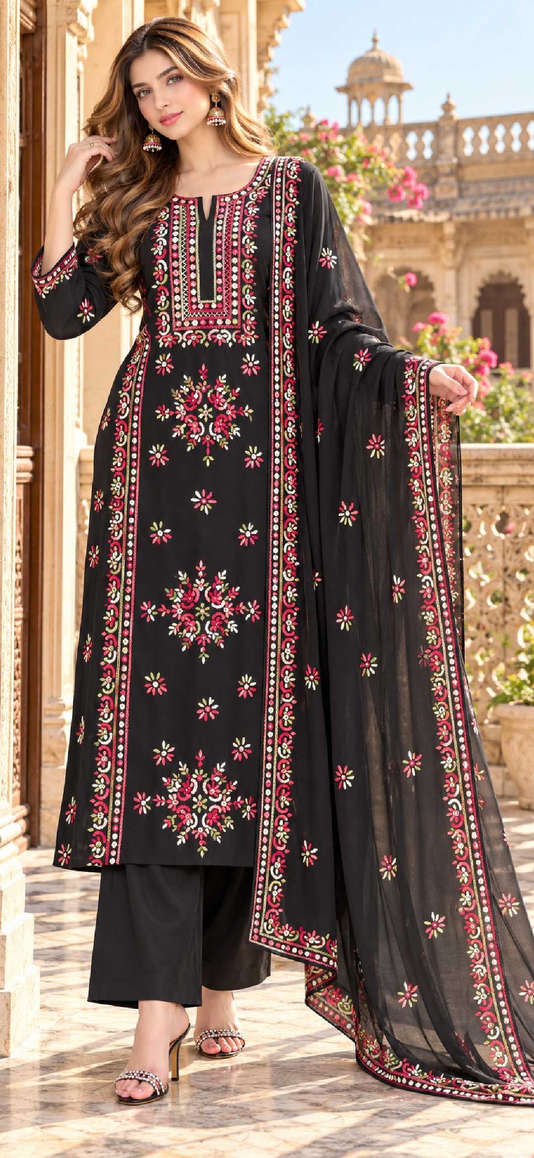 Black - Sheesh Bagh - Embroidered 3-Piece Unstitched Chiffon Suit