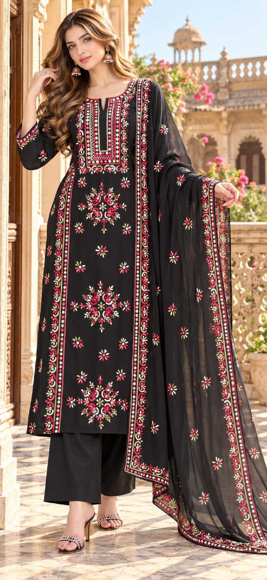 Black - Sheesh Bagh - Embroidered 3-Piece Unstitched Chiffon Suit