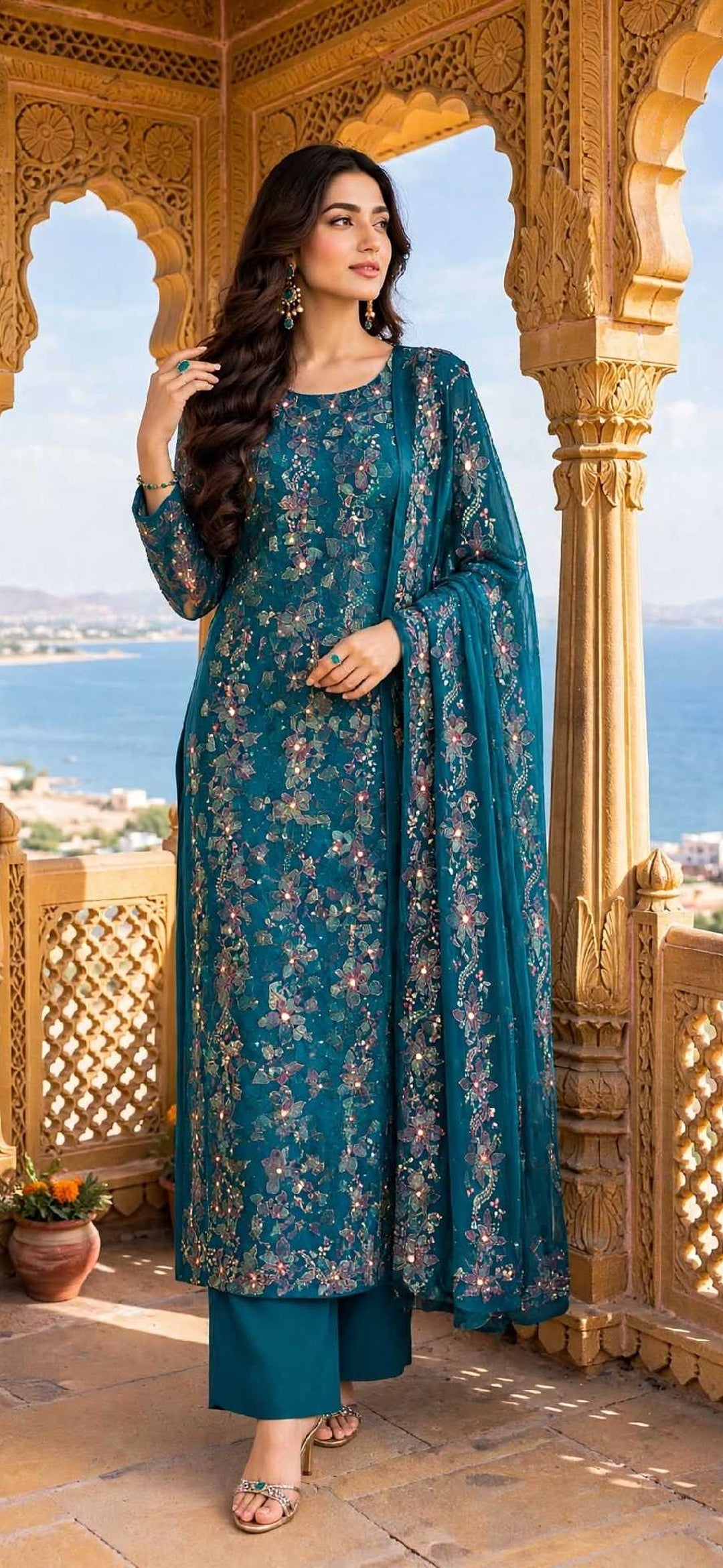 Turquoise  - Sheesh Bagh - Embroidered 3-Piece Unstitched Chiffon Suit