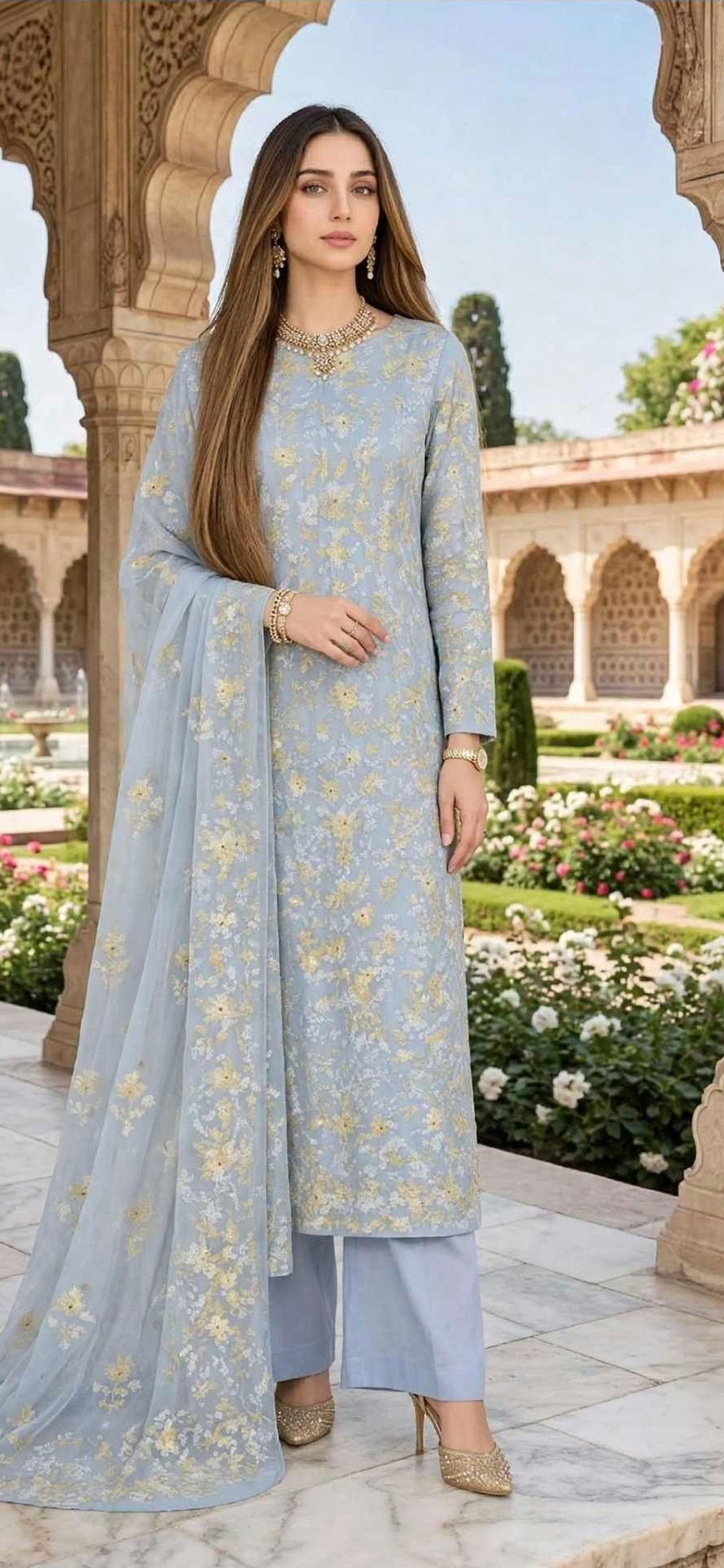 Blue  - Sheesh Bagh - Embroidered 3-Piece Unstitched Chiffon Suit