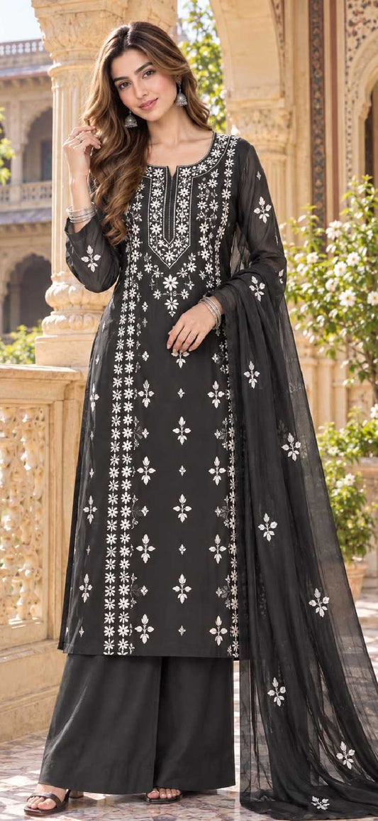Black - Sheesh Bagh - Embroidered 3-Piece Unstitched Chiffon Suit