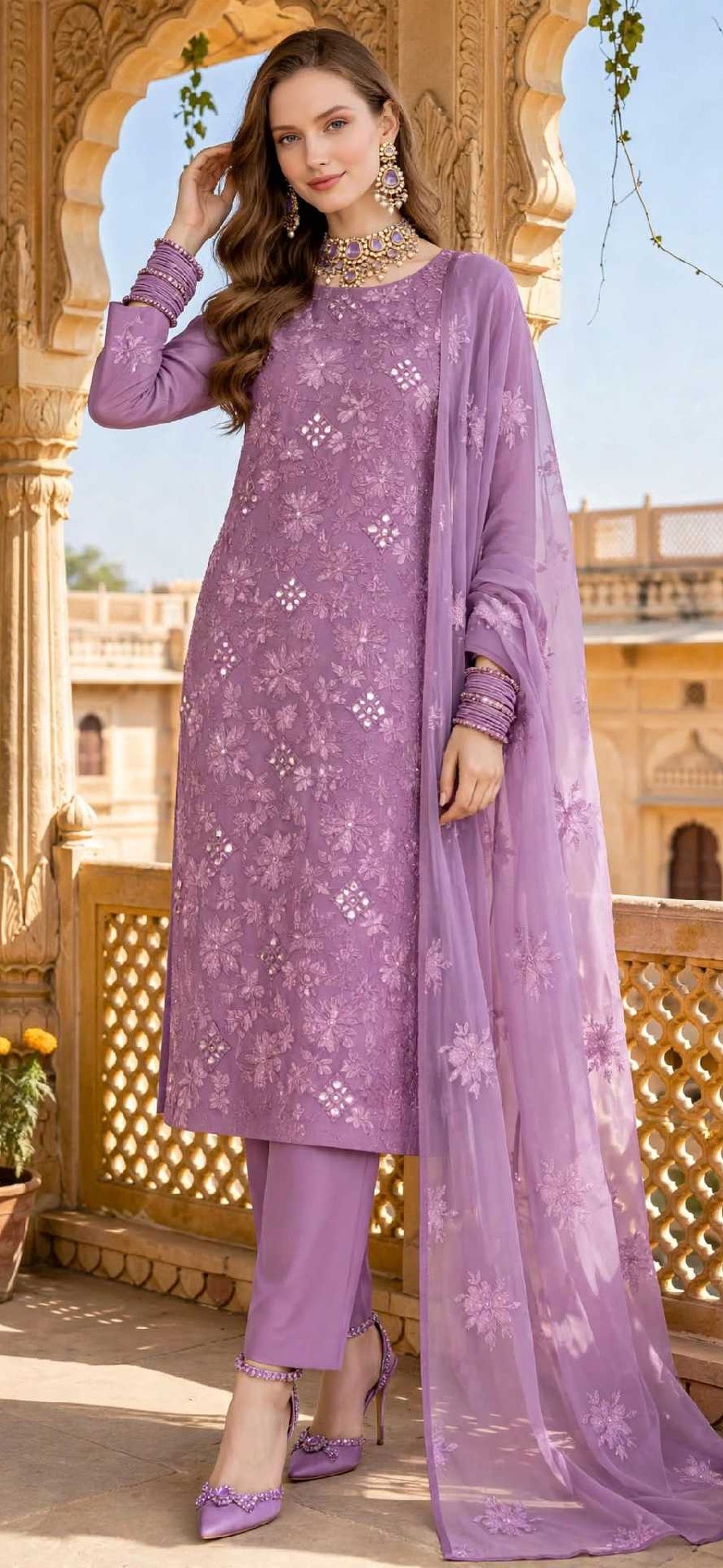 Purple - Sheesh Bagh - Embroidered 3-Piece Unstitched Chiffon Suit