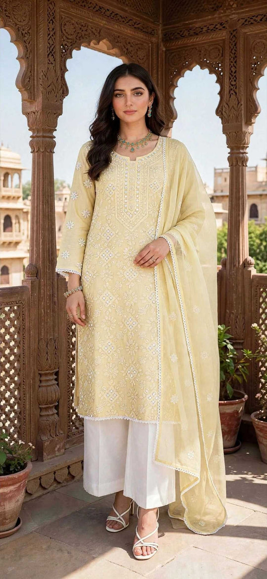 Butter Yellow - Gul e Aina - Hand Embroidered - 2 Piece - Unstitched - Paper Cotton Suit