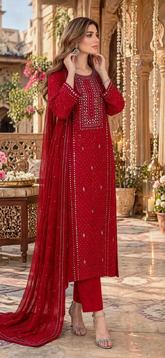 Berry Red - Kamdani Makesh Work - Soft Chiffon - 2-Piece Unstitched Suit