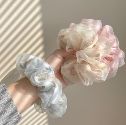 Flower Print Double Layer Silk Organza Scrunches