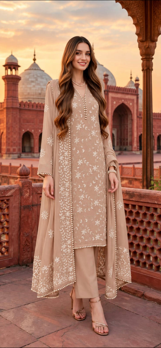 Beige - Noor e Badshahi - Hand Embroidered - 2 Piece - Unstitched - Chiffon Suit