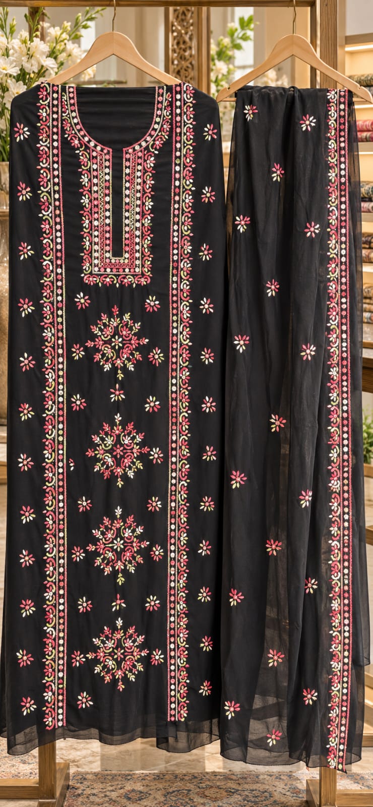 Black - Sheesh Bagh - Embroidered 3-Piece Unstitched Chiffon Suit