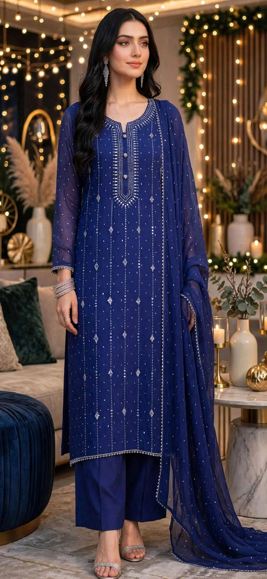 Ink Blue - Kamdani Makesh Work - Soft Chiffon - 2-Piece Unstitched Suit