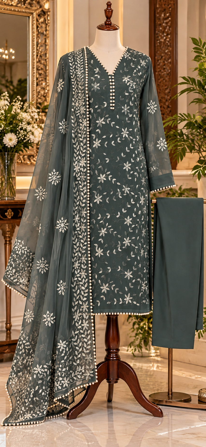Dark Green - Noor e Badshahi - Hand Embroidered - 3 Piece - Unstitched - Chiffon Suit