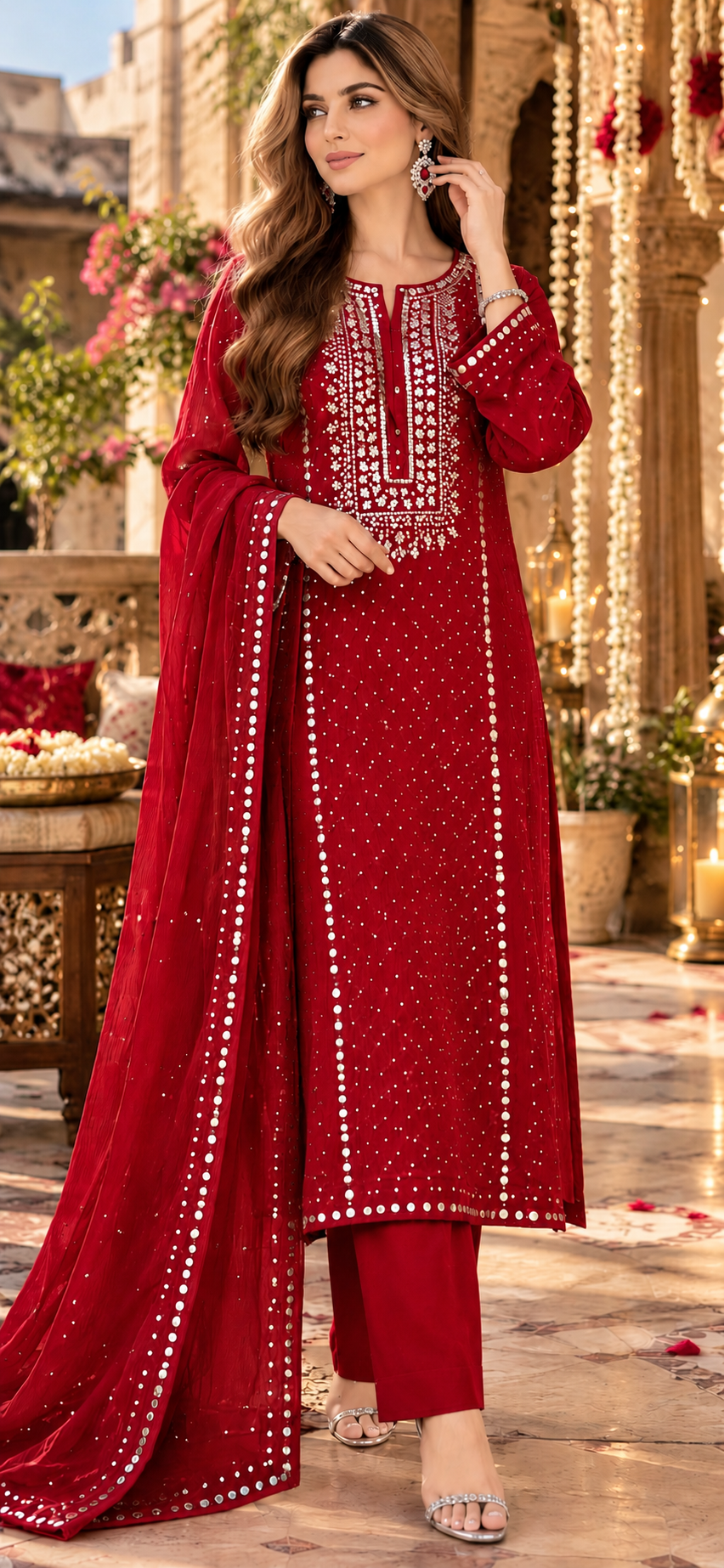 Berry Red - Kamdani Makesh Work - Soft Chiffon - 2-Piece Unstitched Suit