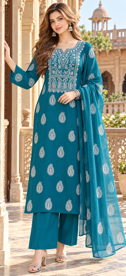 Teal Blue - Marjan - Hand Embroidered - 2 Piece - Unstitched - Chiffon Suit