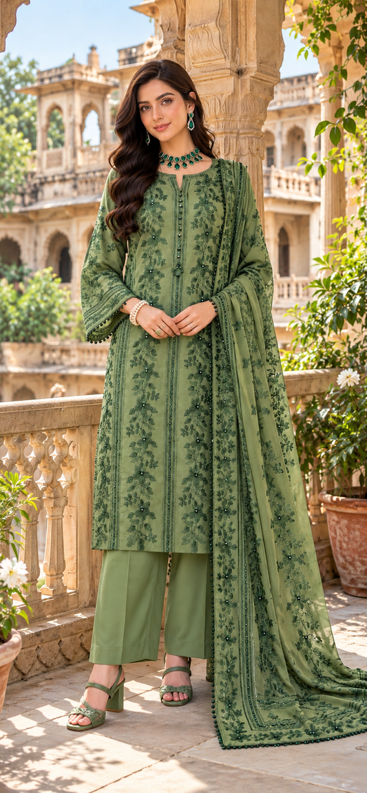 Light Sage Green  - Tarkashi Gulistan - Embroidered Chiffon Suit