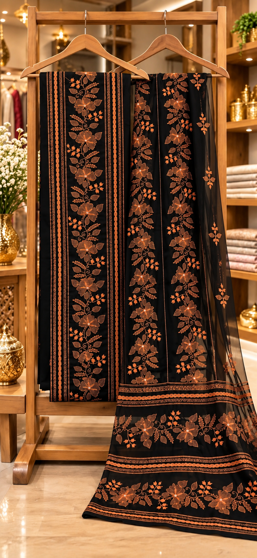 Black Orange  - Tarkashi Gulistan - Embroidered 3-Piece Unstitched Chiffon Suit