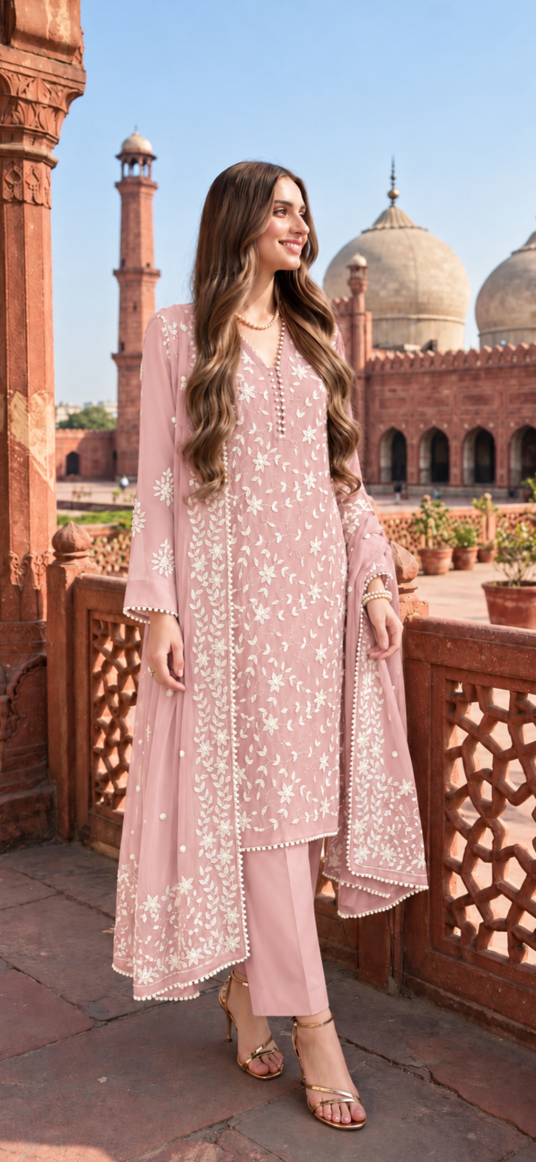 Pink - Noor e Badshahi - Hand Embroidered - 3 Piece - Unstitched - Chiffon Suit
