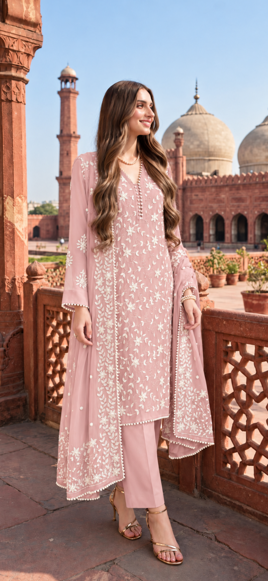 Pink - Noor e Badshahi - Hand Embroidered - 3 Piece - Unstitched - Chiffon Suit