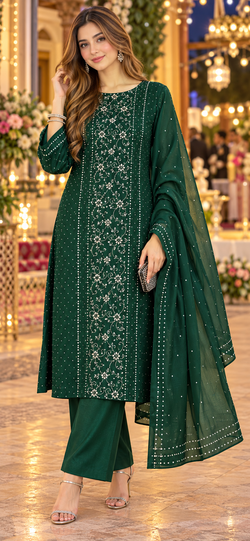 Green - Kamdani Makesh Work - Soft Chiffon - 2-Piece Unstitched Suit