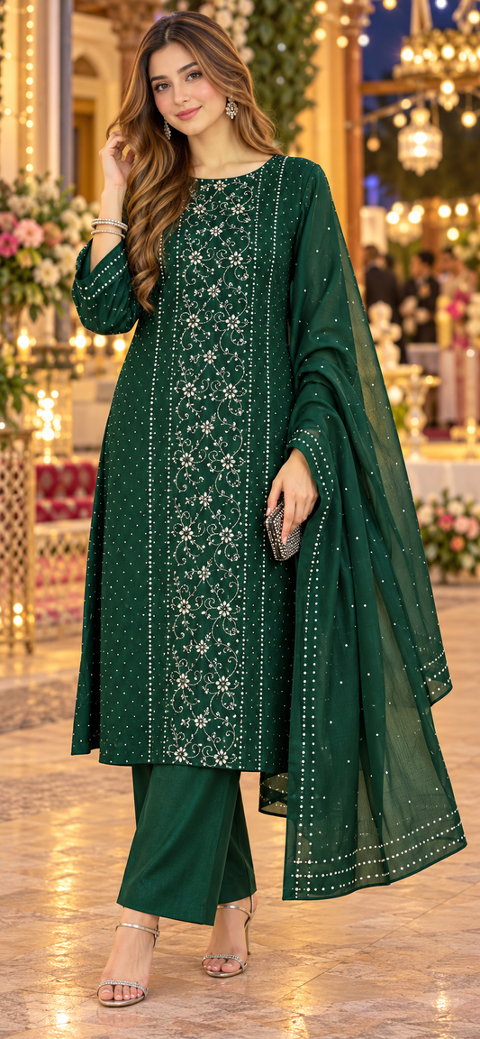 Green - Kamdani Makesh Work - Soft Chiffon - 2-Piece Unstitched Suit