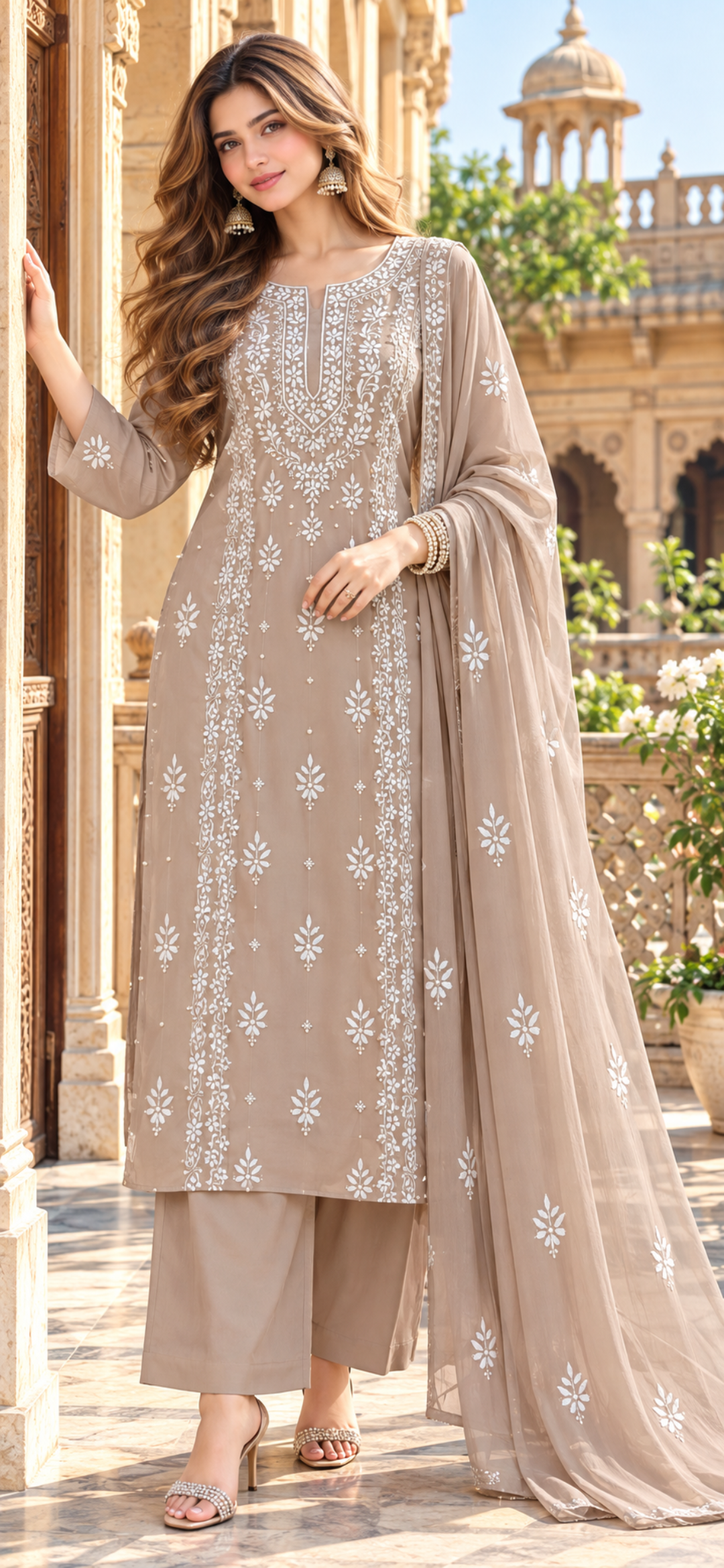 Beige - Sheesh Bagh - Embroidered 3-Piece Unstitched Chiffon Suit