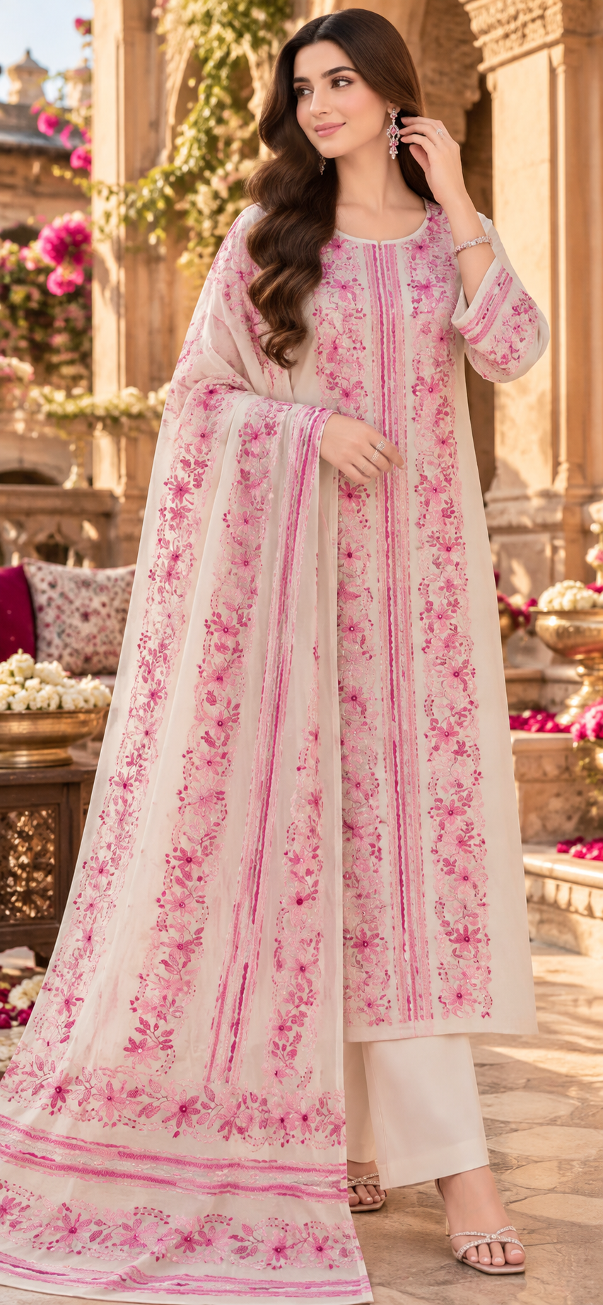 White  - Tarkashi Gulistan - Embroidered 3-Piece Unstitched Chiffon Suit