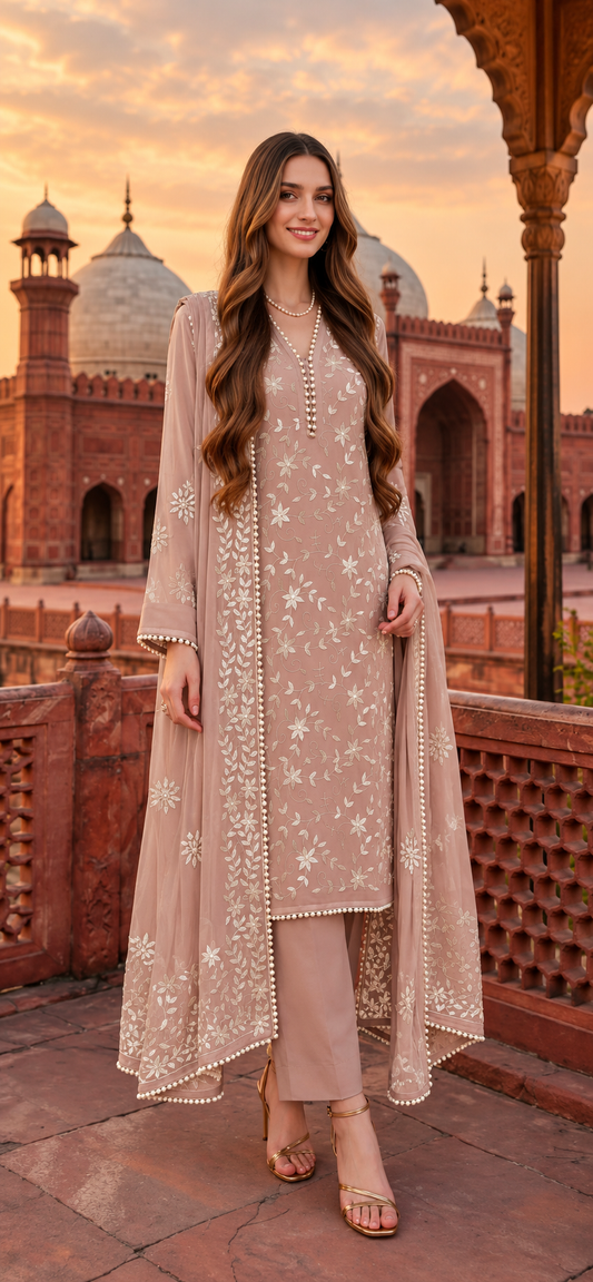 Light Peach - Noor e Badshahi - Hand Embroidered - 3 Piece - Unstitched - Chiffon Suit