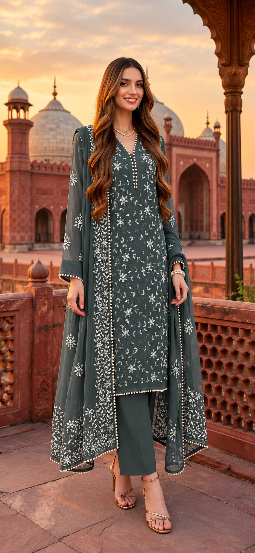 Sage Green - Noor e Badshahi - Hand Embroidered - 3 Piece - Unstitched - Chiffon Suit