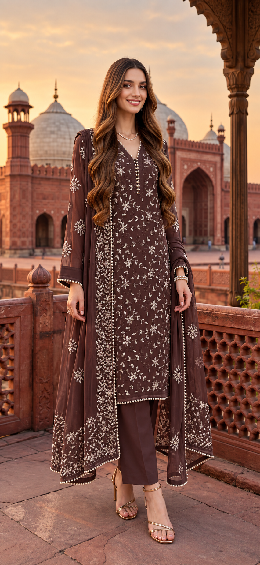Mauve Brown - Noor e Badshahi - Hand Embroidered - 3 Piece - Unstitched - Chiffon Suit