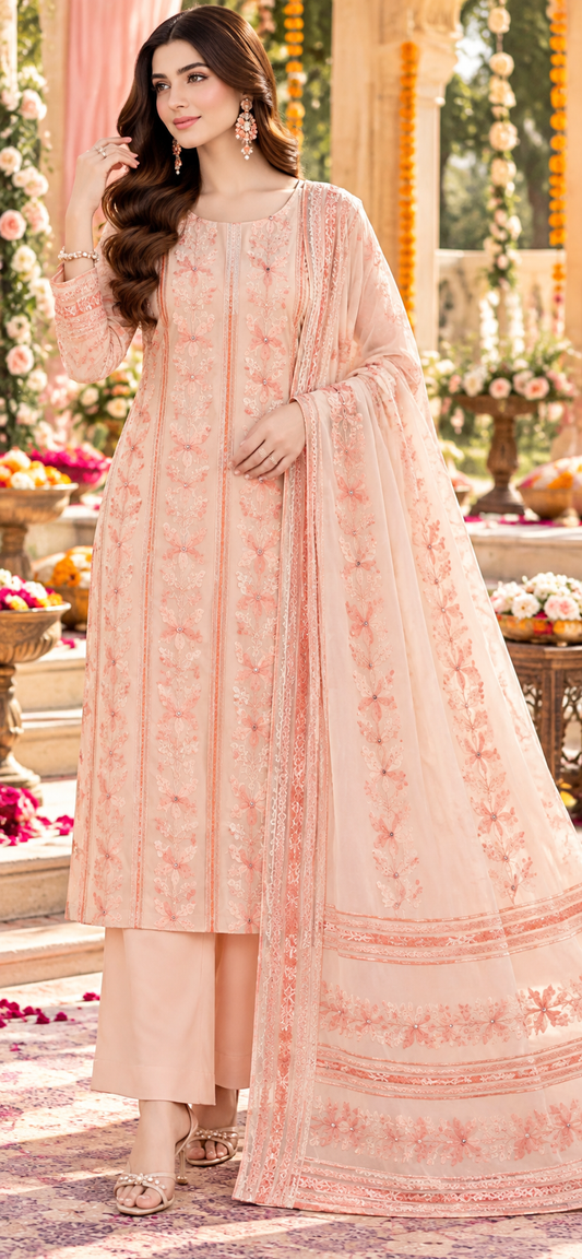 Peach on Peach - Tarkashi Gulistan - Embroidered Chiffon Suit