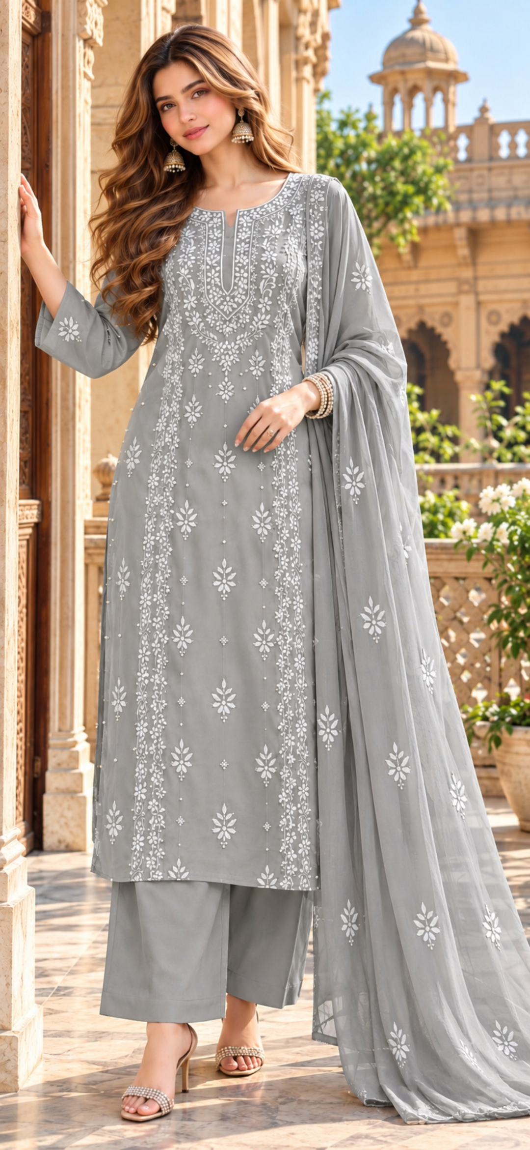 Grey - Sheesh Bagh - Embroidered 3-Piece Unstitched Chiffon Suit