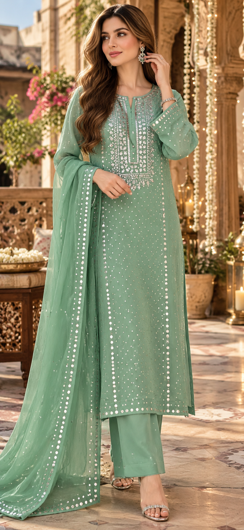 Sage Green - Kamdani Makesh Work - Soft Chiffon - 2-Piece Unstitched Suit