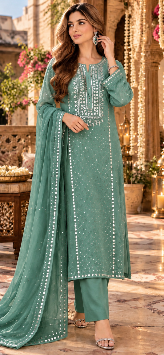 Dusty Teal Blue - Kamdani Makesh Work - Soft Chiffon - 2-Piece Unstitched Suit